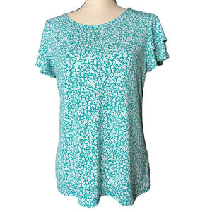 Adrianna Papell Blouse in Green with White Flowers Ruffled Short Sleeve Size M